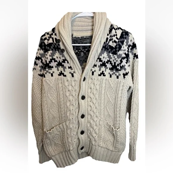 L.L. Bean Signature Fisherman Cream Black Cable Knit Cotton Sweater Sz M EUC - Picture 4 of 8